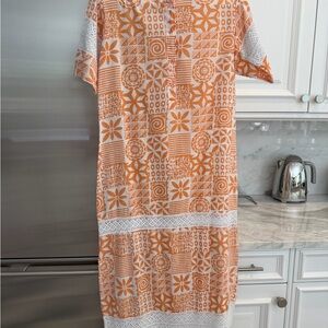 Vibrant Orange and White Geometric Midi Dress